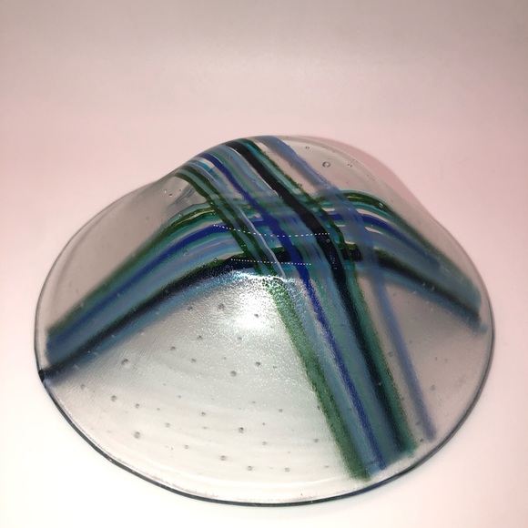 Studio Blown Art Glass Trinket Dish Bowl With Bubbles & Hand Painted Stripes 6” - Picture 6 of 8